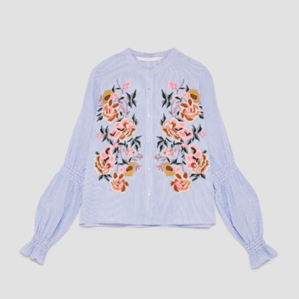 Zara | Blue & White Poplin w/ Floral Embroidering